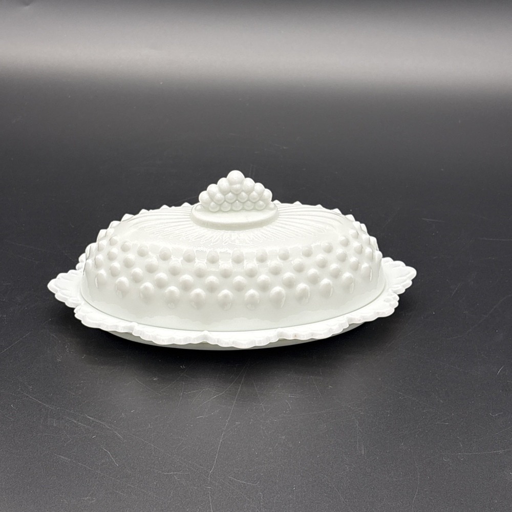 Vintage Fenton White Milk Glass Hobnail Oval Covered Butter Dish & Lid 7.5"